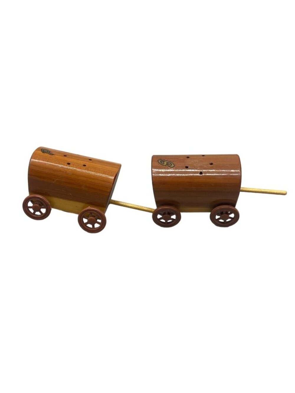 Vintage wooden wagons salt & pepper shakers western 4" cowboys brown READ
